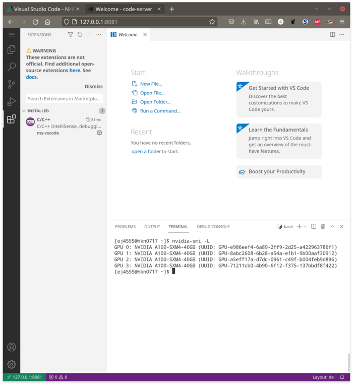 Code-server running on GPU node of HoreKa.