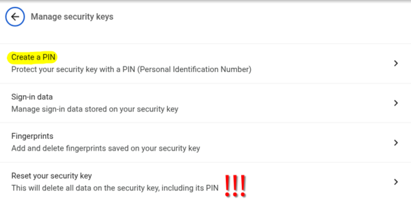 Manage security keys - shows options for Create PIN, Sign-in data, Fingerprints, and Reset security key