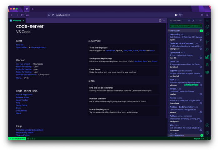 VS Code in web browser: code-server, Source: https://github.com/cdr/code-server">https://github.com/cdr/code-server